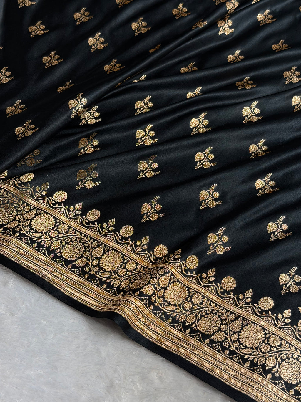 Banarasi Satin Katan Silk Saree Boota Pattern in Black Shades SK04