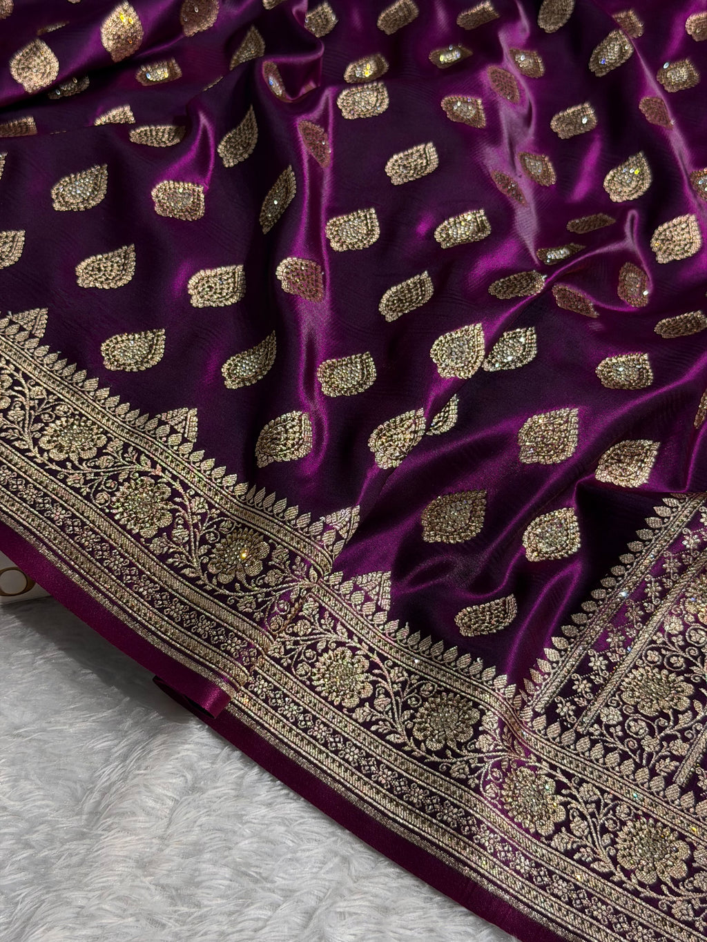 Banarasi Satin Silk Saree Booti Pattern With Swarovski Stone Work in Wine Shades BSS13