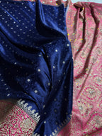 Banarasi Mashru Satin Silk Saree Tanchoi Pattern in Swarovski Work in Contrast Navy Blue with Pink Shades BMSC04