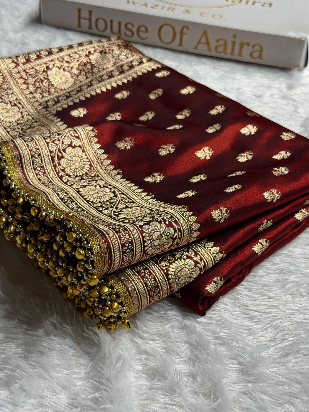 Banarasi Satin Silk Saree Booti Pattern With Ghungroo Gotta Patti Work in Maroon Shades SSGP02