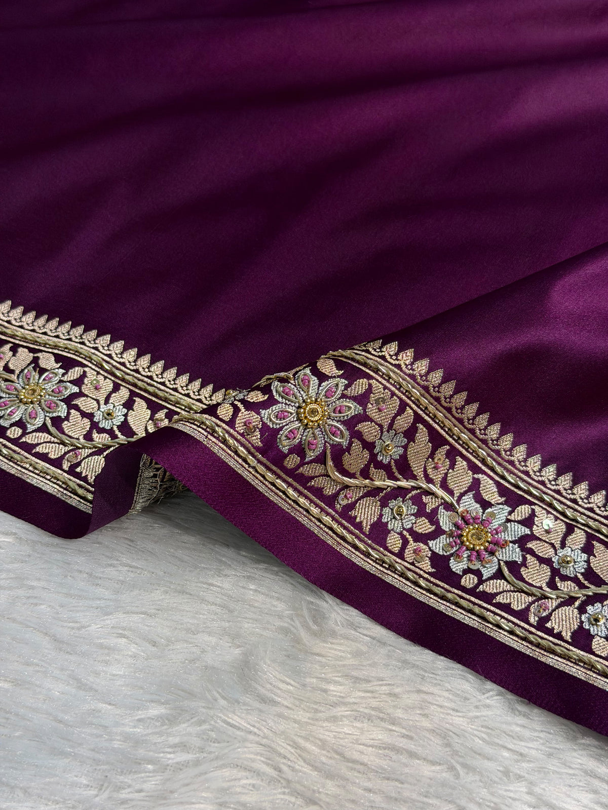 Banarasi Mashru Satin Silk Saree with Aari Zardozi Work Plain Pattern in Deep Magenta Shades BMSK37