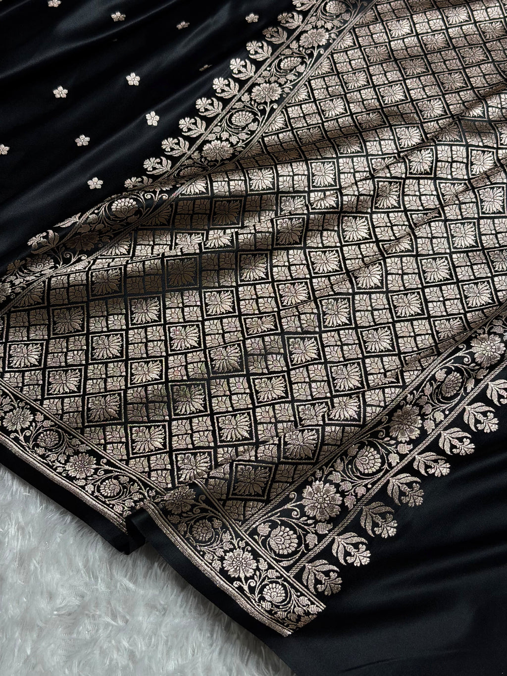 Banarasi Mashru Satin Silk Saree Booti Pattern Black Shades MSK14