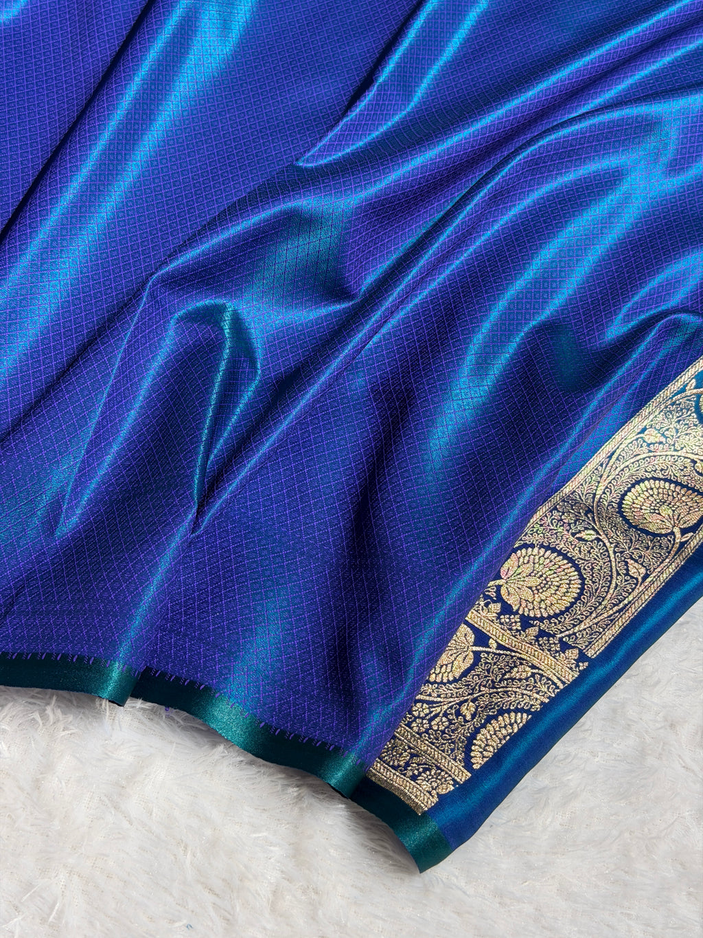 Banarasi Satin Silk Saree Cross Pattern in Peacock Shades SS01