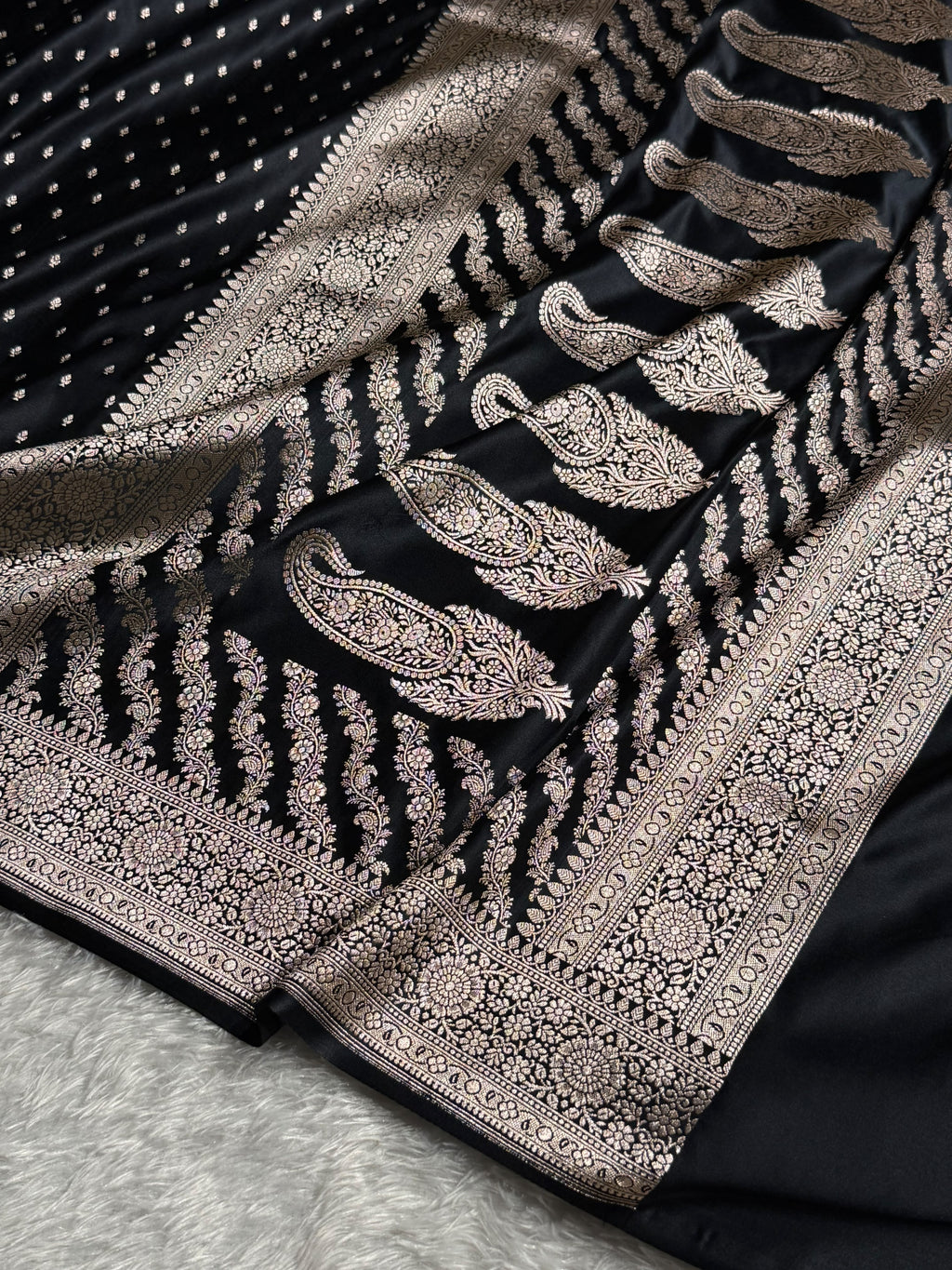 Banarasi Mashru Satin Silk Saree Booti Pattern Black Shades MSK18