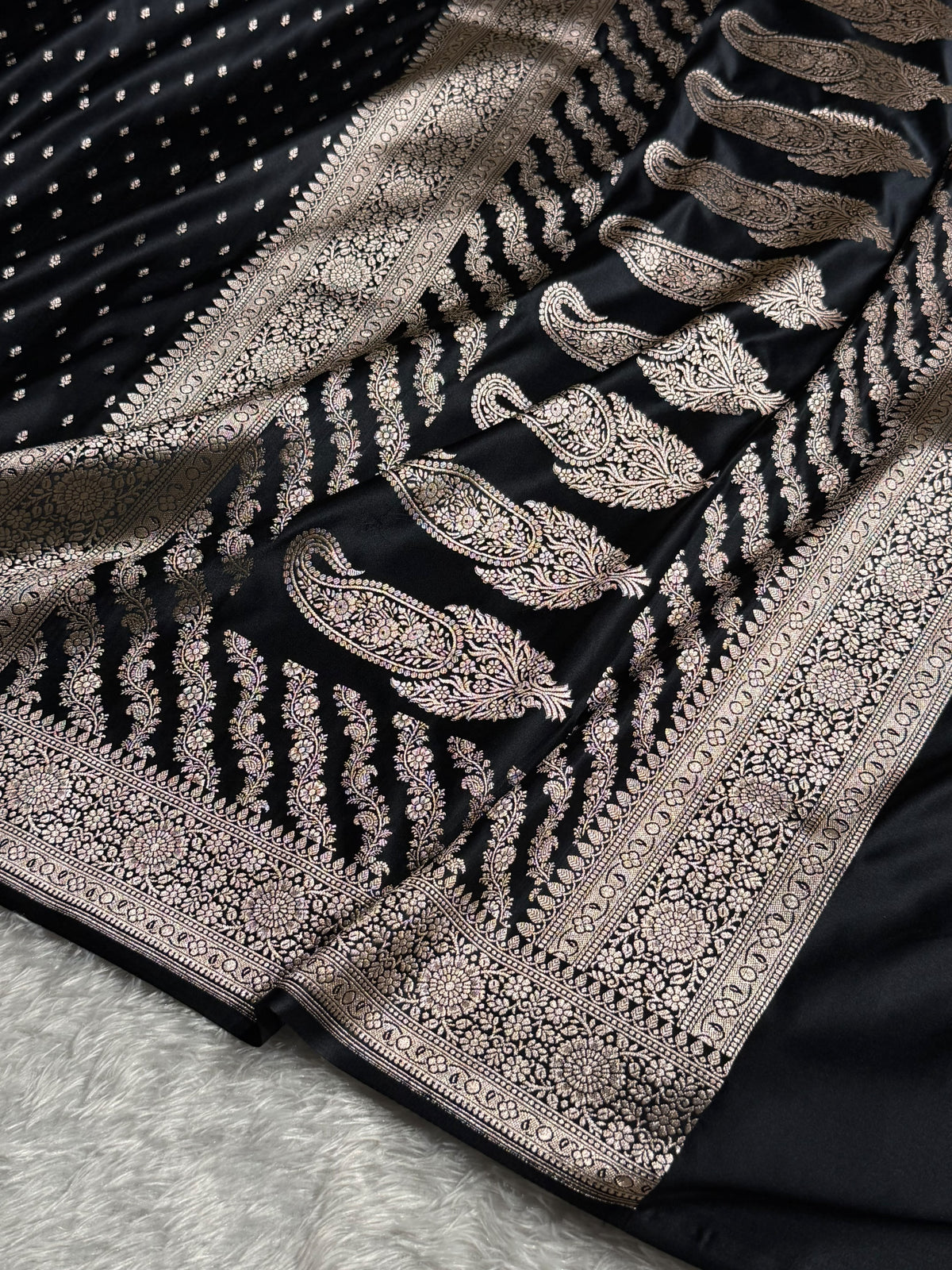 Banarasi Mashru Satin Silk Saree Booti Pattern Black Shades MSK18