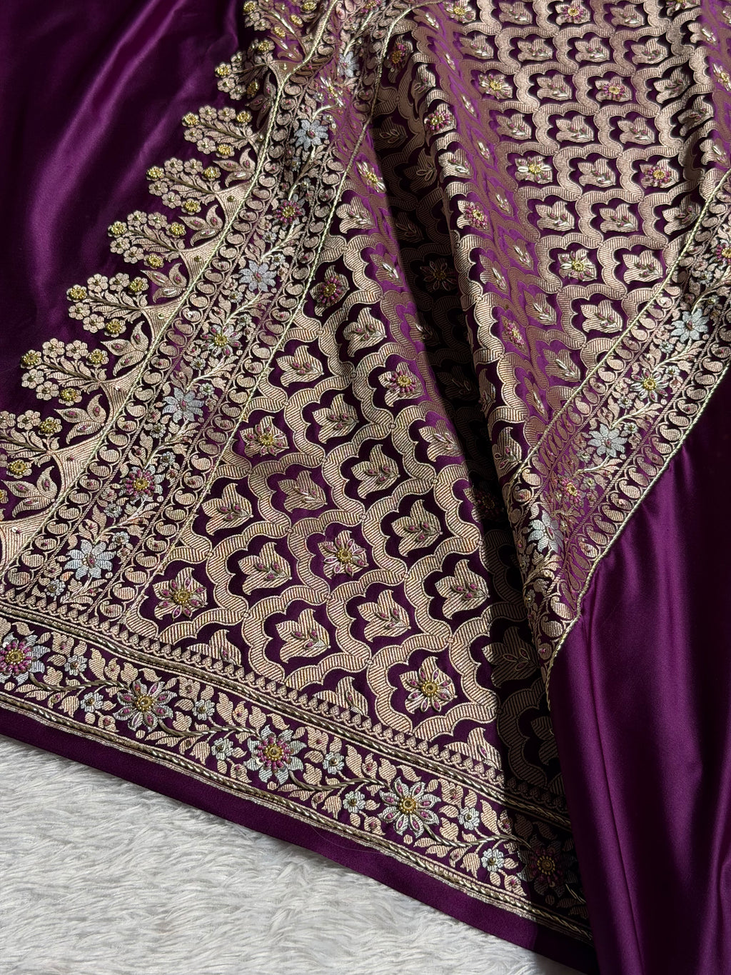 Banarasi Mashru Satin Silk Saree with Aari Zardozi Work Plain Pattern in Deep Magenta Shades BMSK37