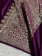 Banarasi Mashru Satin Silk Saree with Aari Zardozi Work Plain Pattern in Deep Magenta Shades BMSK37