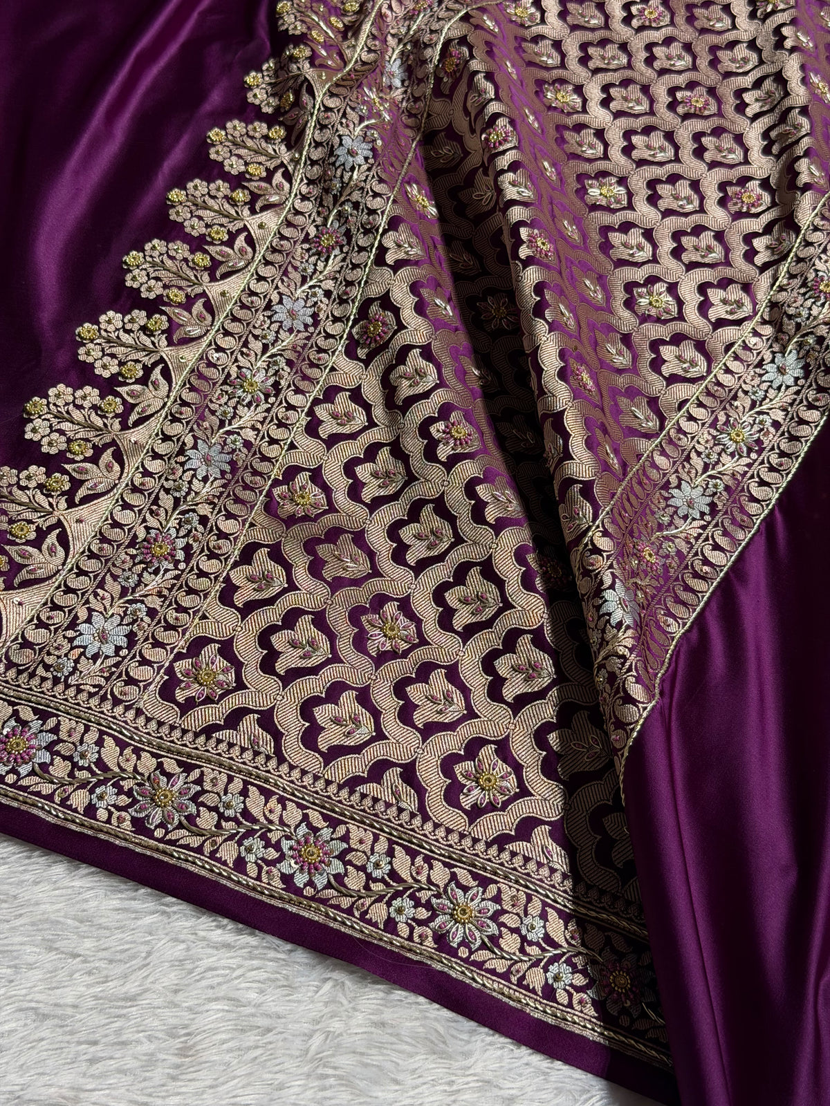 Banarasi Mashru Satin Silk Saree with Aari Zardozi Work Plain Pattern in Deep Magenta Shades BMSK37