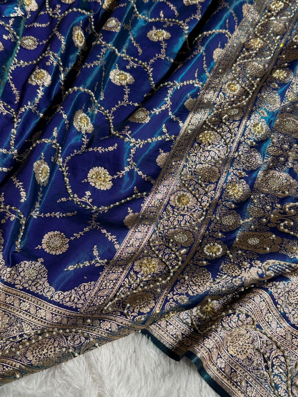 Banarasi Satin Silk Saree With Pearl Aari Work Jaal Pattern in Peacock Shades BSS12