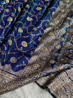 Banarasi Satin Silk Saree With Pearl Aari Work Jaal Pattern in Peacock Shades BSS12