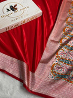 Banarasi Satin Katan Silk Saree Plain body with Minakari Pallu Pattern in Red Shades SK17
