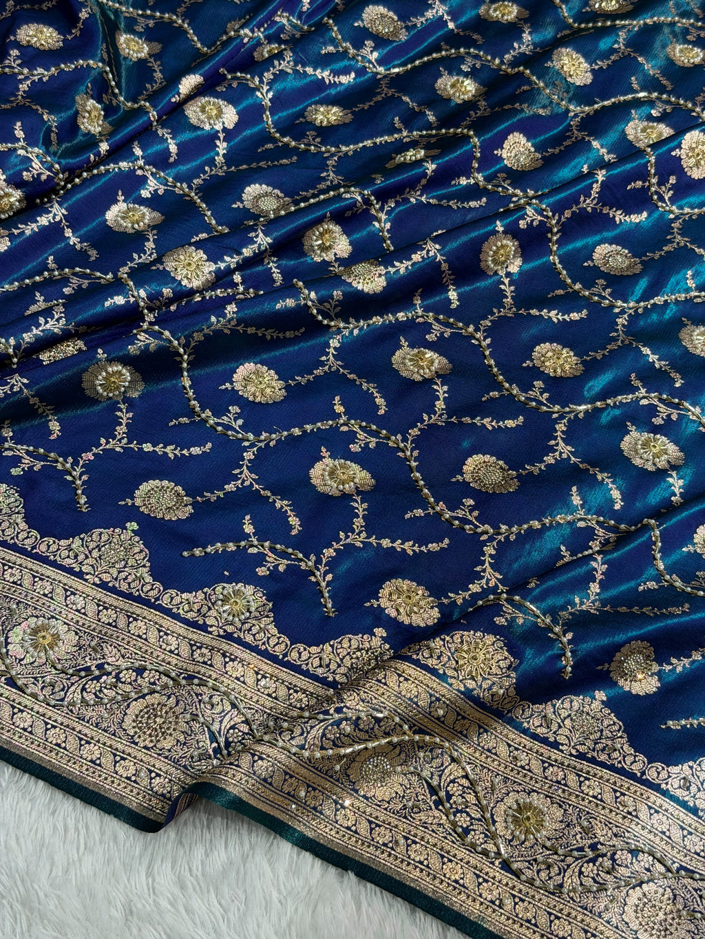 Banarasi Satin Silk Saree With Pearl Aari Work Jaal Pattern in Peacock Shades BSS12