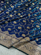 Banarasi Satin Silk Saree With Pearl Aari Work Jaal Pattern in Peacock Shades BSS12