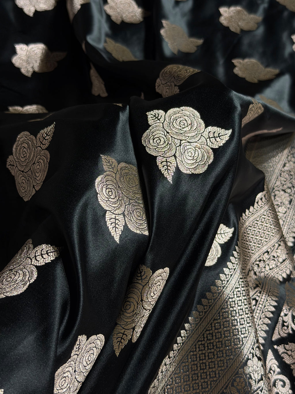 Banarasi Mashru Satin Silk Saree Boota Pattern Black Shades MSK15