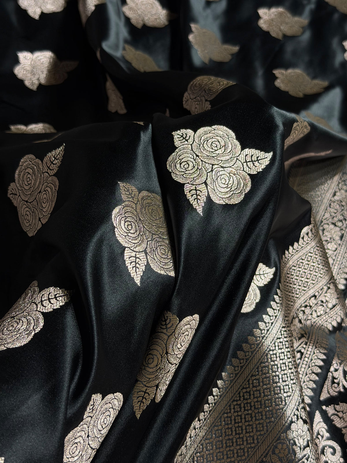 Banarasi Mashru Satin Silk Saree Boota Pattern Black Shades MSK15