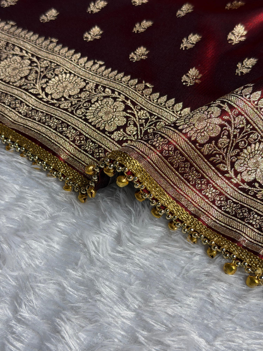 Banarasi Satin Silk Saree Booti Pattern With Ghungroo Gotta Patti Work in Maroon Shades SSGP02