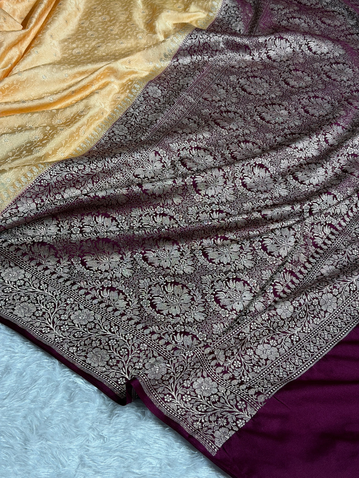 Banarasi Mashru Satin Silk Saree Tanchoi  Pattern Contrast Tusser & Wine Shades MSC04