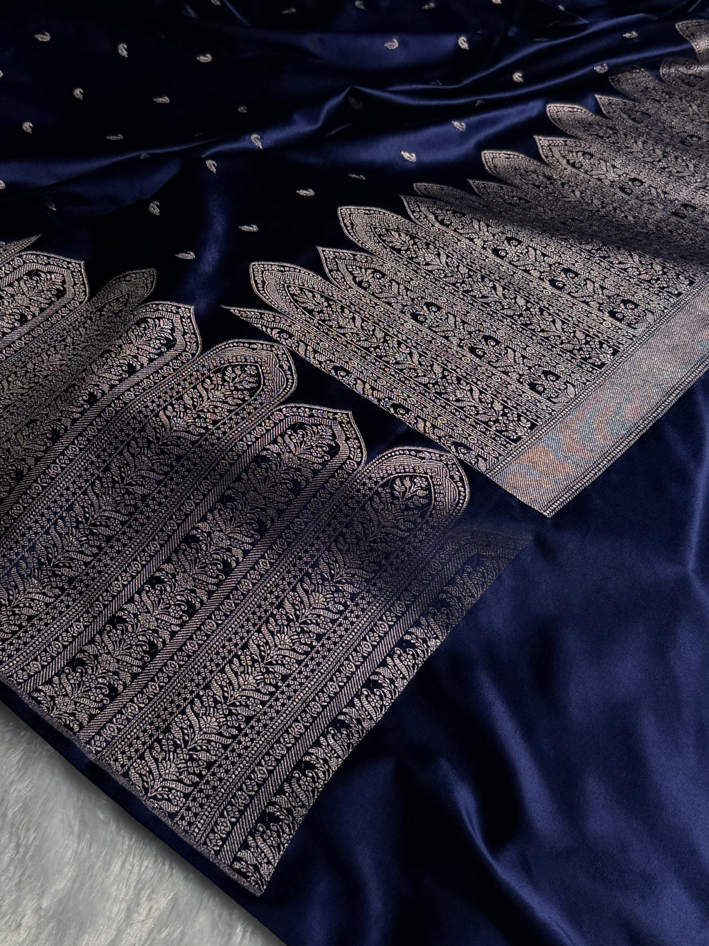 Banarasi Mashru Satin Silk Saree with Scallop Pattern In Navy Blue Shades MSC02