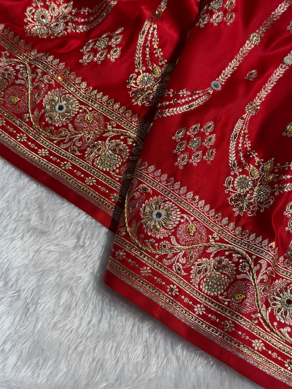 Banarasi Satin Katan Silk Saree with Ari Zardozi Handwork Striped Pattern in Red Shades BSK06