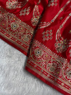 Banarasi Satin Katan Silk Saree with Ari Zardozi Handwork Striped Pattern in Red Shades BSK06