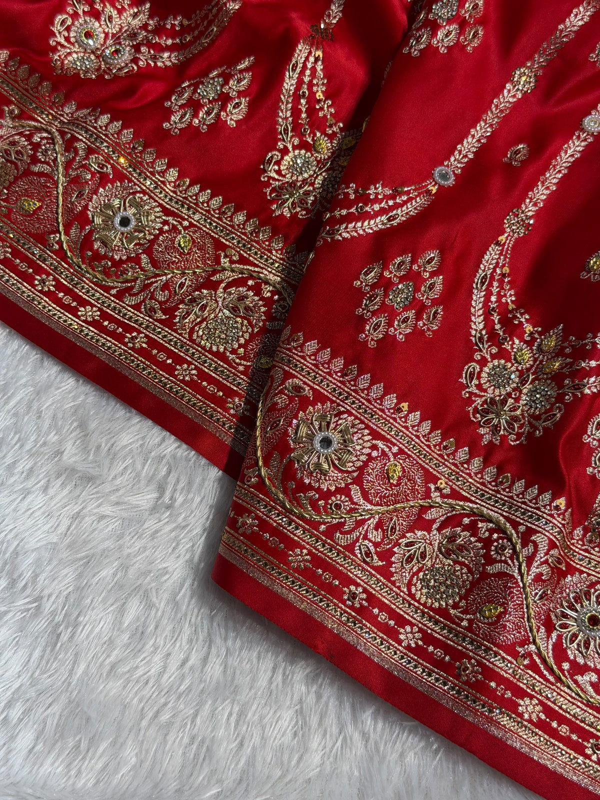 Banarasi Satin Katan Silk Saree with Ari Zardozi Handwork Striped Pattern in Red Shades BSK06