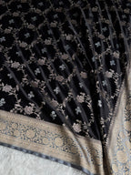 Banarasi Mashru Satin Silk Saree Minakari Floral Jaal Pattern In Black With Grey Shades MSC14