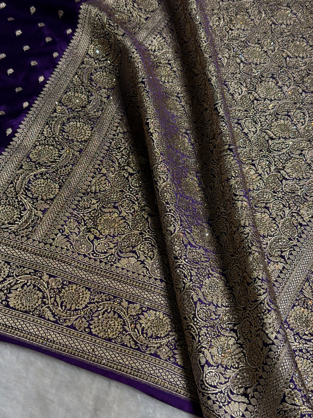 Bridal Banarasi Mashru Satin Silk Saree Booti Pattern with Swarovski Work In Purple Shades BMSC06