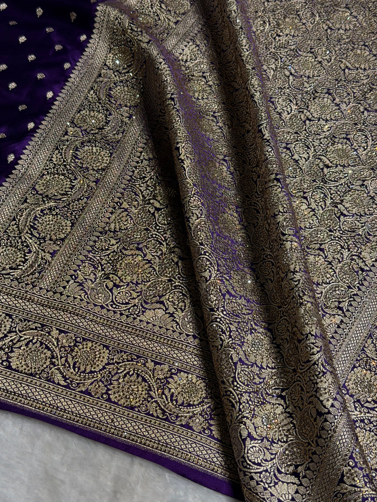 Bridal Banarasi Mashru Satin Silk Saree Booti Pattern with Swarovski Work In Purple Shades BMSC06