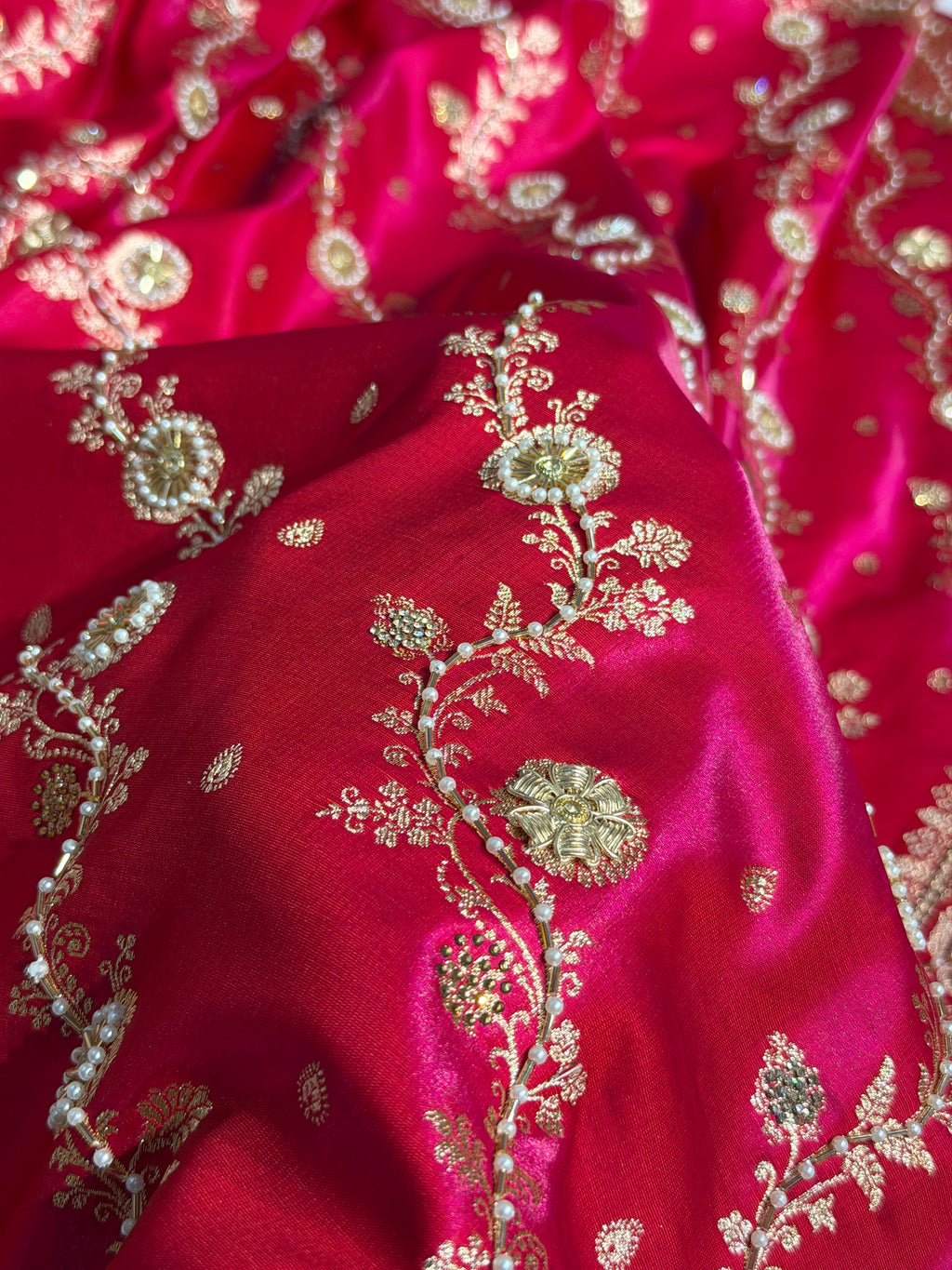 Bridal Satin Silk Saree With Zardozi Pearl Work Cross Pattern Rani Shades BSS01