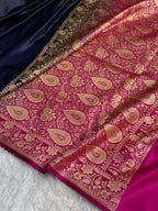 Banarasi Satin Katan Silk Saree Plain Body Pattern in Contrast Cross Navy Blue with Rani Shades SK05