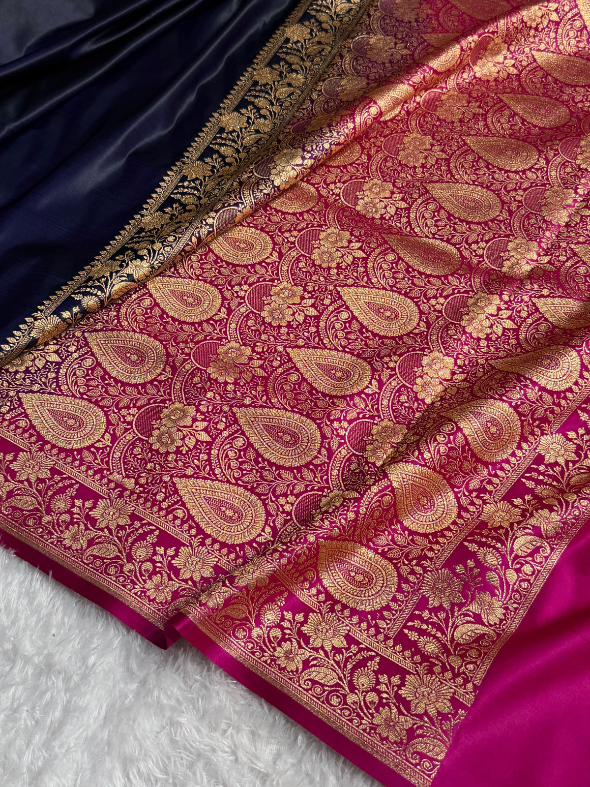Banarasi Satin Katan Silk Saree Plain Body Pattern in Contrast Cross Navy Blue with Rani Shades SK05
