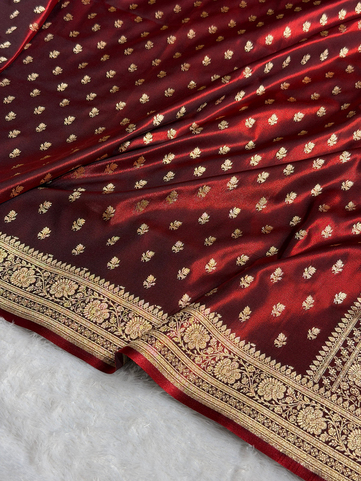 Banarasi Satin Silk Saree Cross Pattern in Maroon Shades SS02