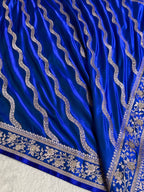 Bridal Mashru Satin Silk Saree With Swarovski Work Cross Pattern Royal Blue Shades BMSK12