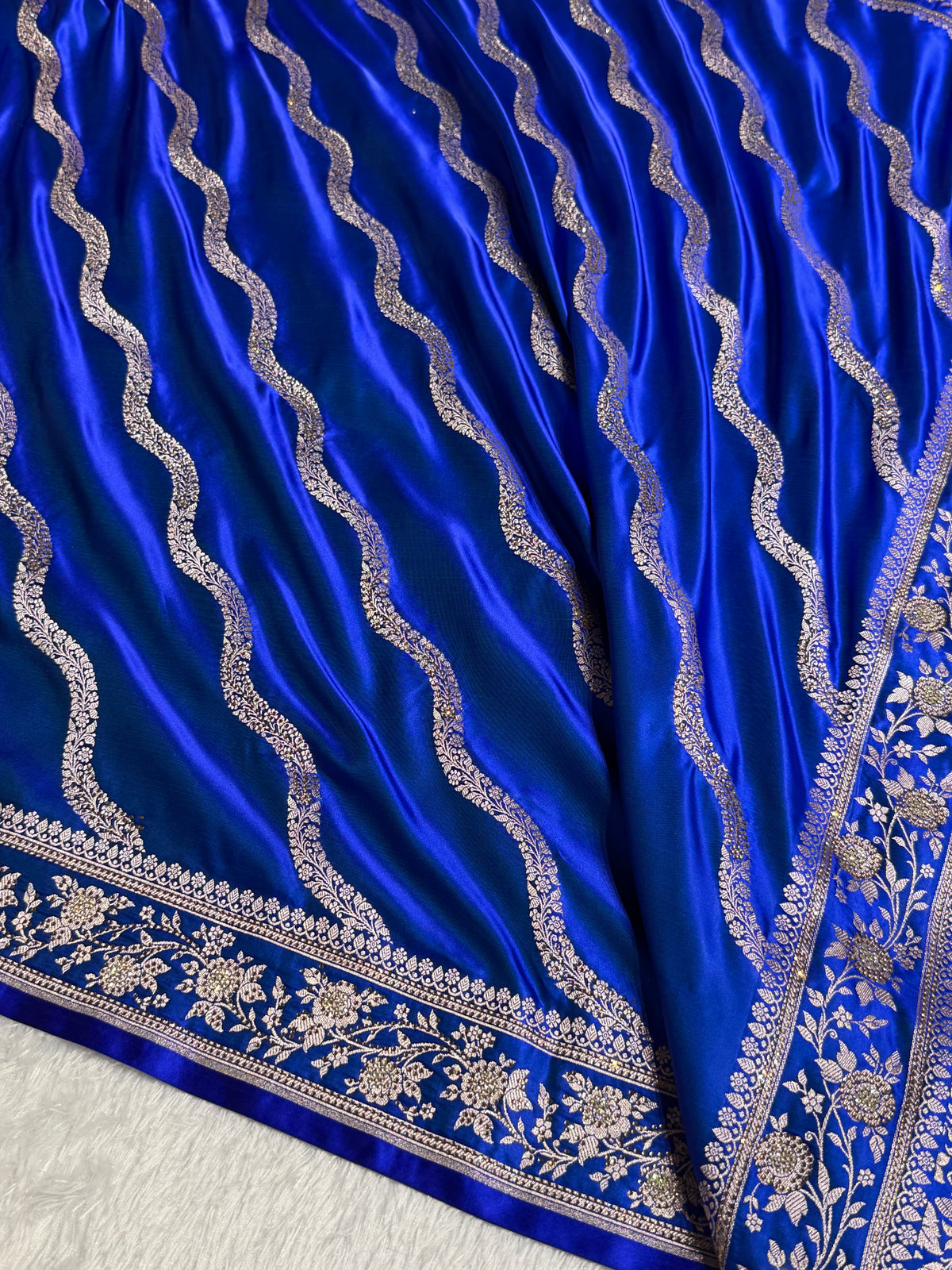 Bridal Mashru Satin Silk Saree With Swarovski Work Cross Pattern Royal Blue Shades BMSK12