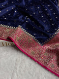 Banarasi Mashru Satin Silk Saree Tanchoi Pattern in Swarovski Work in Contrast Navy Blue with Pink Shades BMSC04