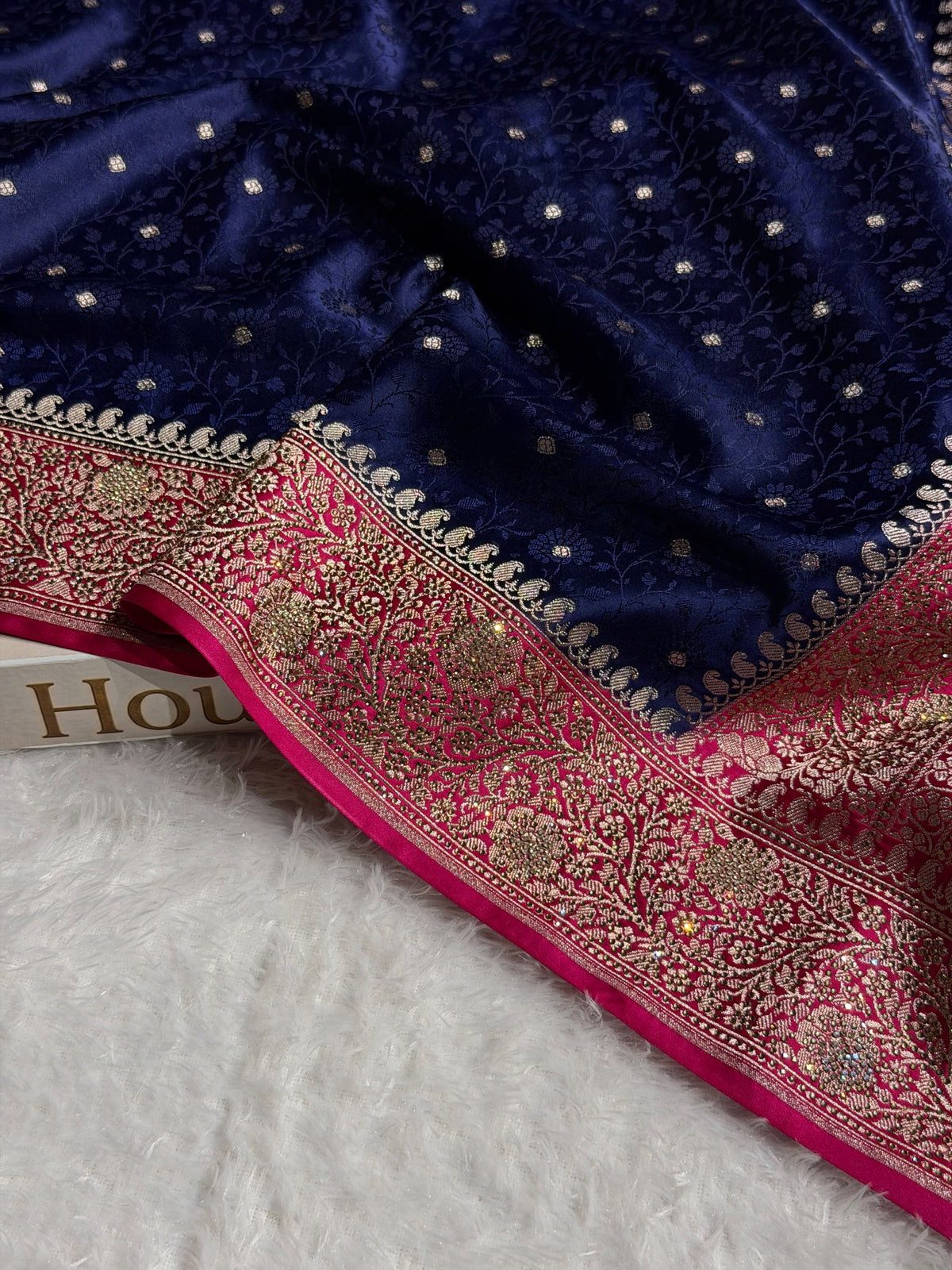 Banarasi Mashru Satin Silk Saree Tanchoi Pattern in Swarovski Work in Contrast Navy Blue with Pink Shades BMSC04