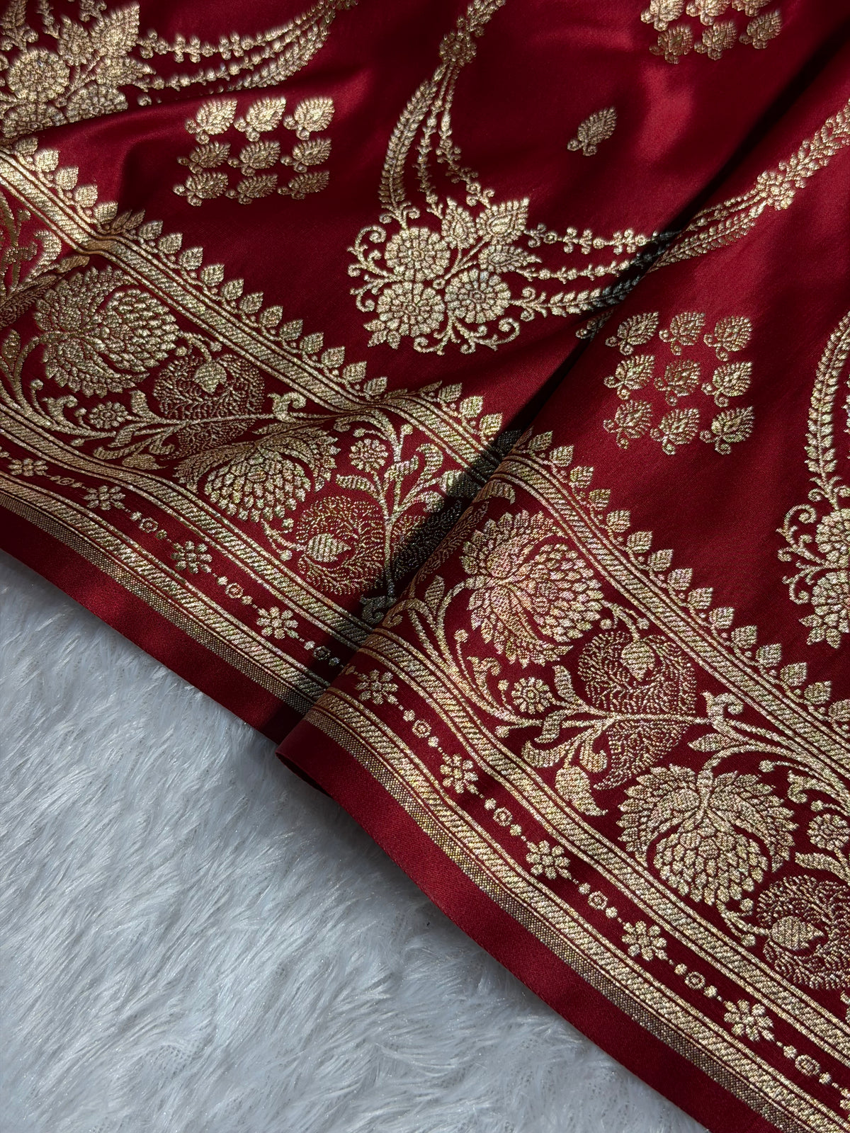 Banarasi Satin Katan Silk Saree Striped Pattern in Maroon Shades SK06
