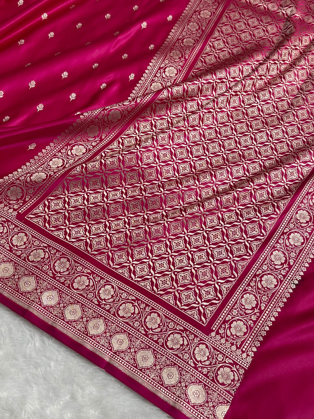 Banarasi Mashru Satin Silk Saree Booti Pattern Rani Pink Shades MSK26