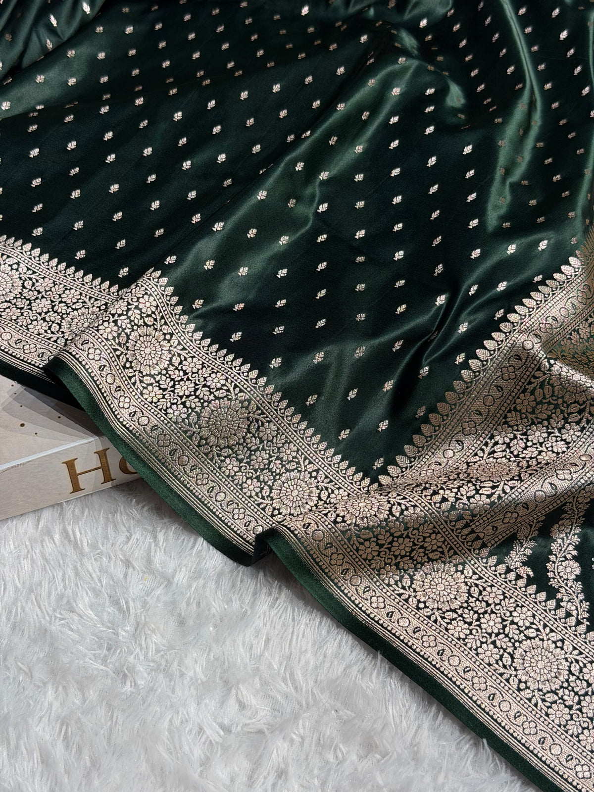 Banarasi Mashru Satin Silk Saree Booti Pattern Dark Bottle Green Shades MSK18