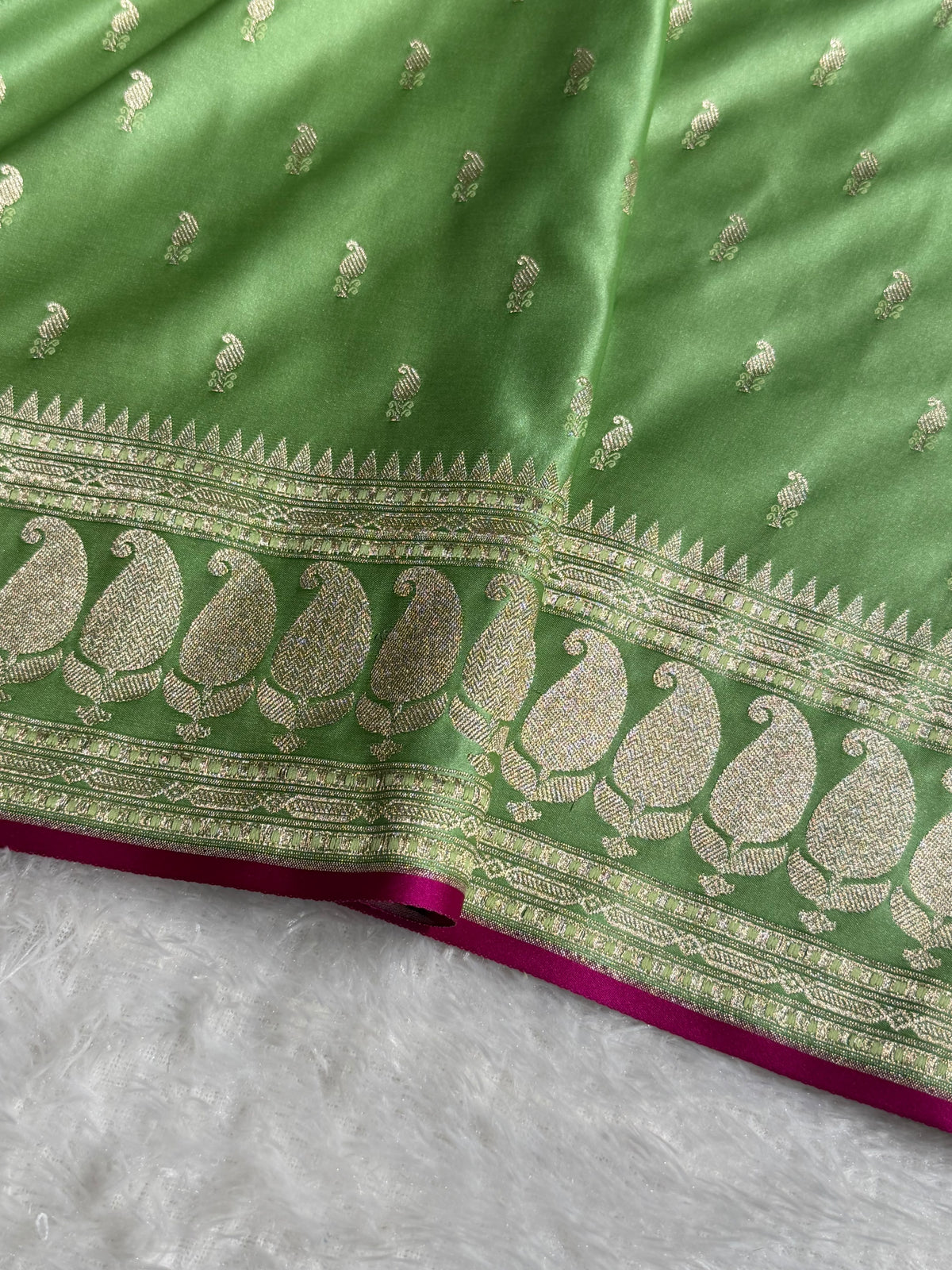 Banarasi Mashru Satin Silk Saree Minakari Booti Pattern Pista Shades MSK29