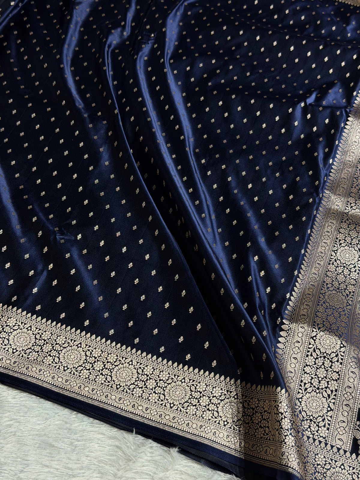 Banarasi Mashru Satin Silk Saree Booti Pattern Navy Blue Shades MSK18