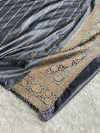 Banarasi Mashru Satin Silk Saree Minakari Floral Jaal Pattern In Black With Grey Shades MSC14