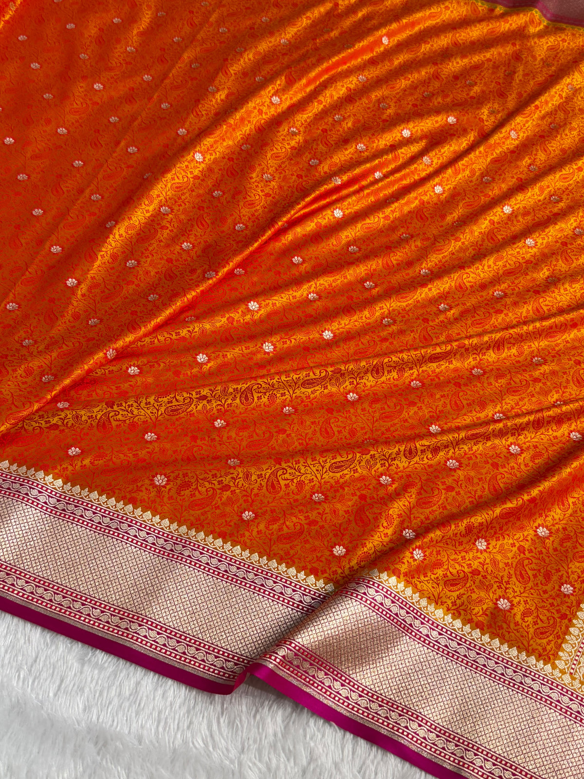 Banarasi Mashru Satin Silk Saree Tanchoi Pattern Contrast Orange with Rani Shades MSK25