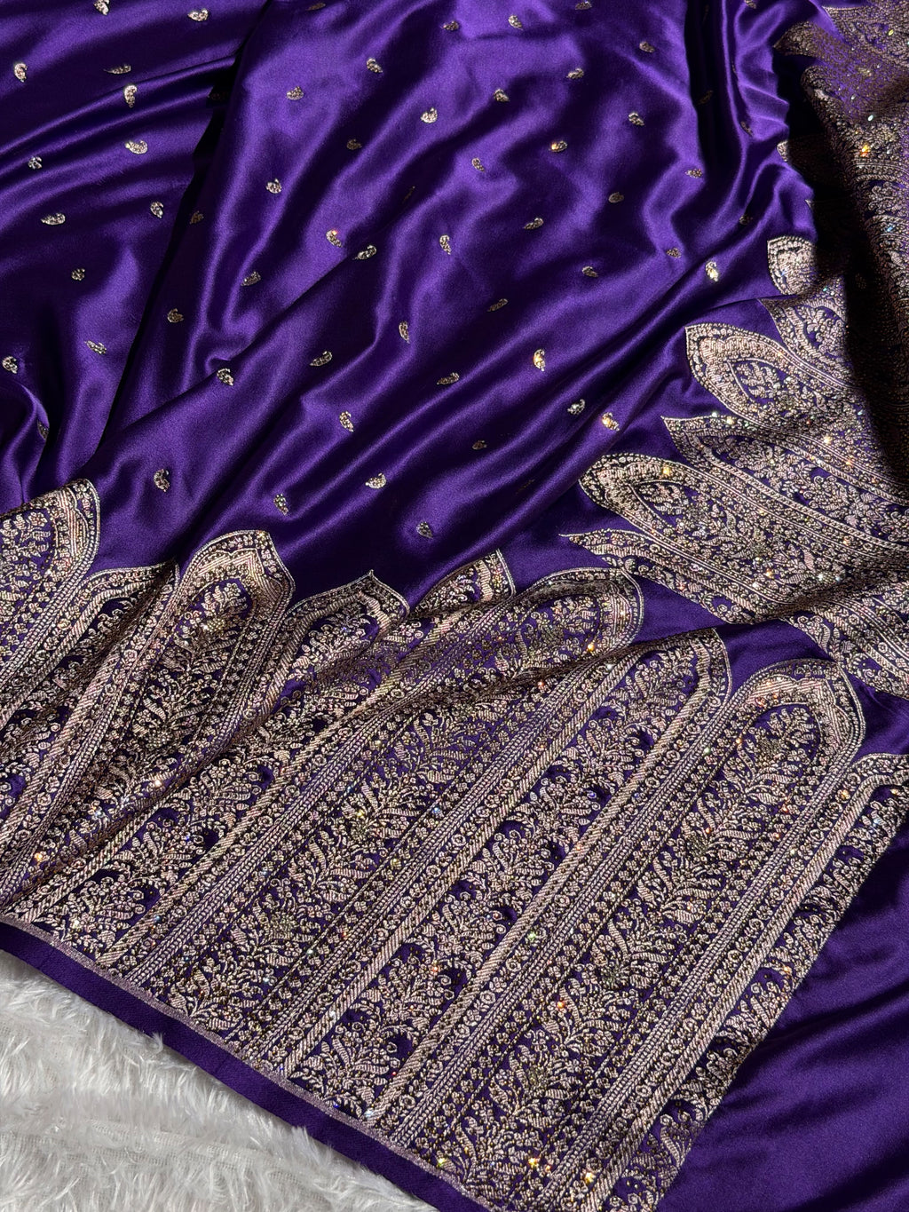 Bridal Banarasi Mashru Satin Silk Saree Skirt Pattern with Swarovski Work in Purple Shades BMSC02