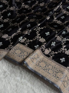 Banarasi Mashru Satin Silk Saree Minakari Floral Jaal Pattern In Black With Grey Shades MSC14