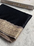 Banarasi Mashru Satin Silk Saree Floral Dot Pattern In Contrast Black with Cream Shades MSC10