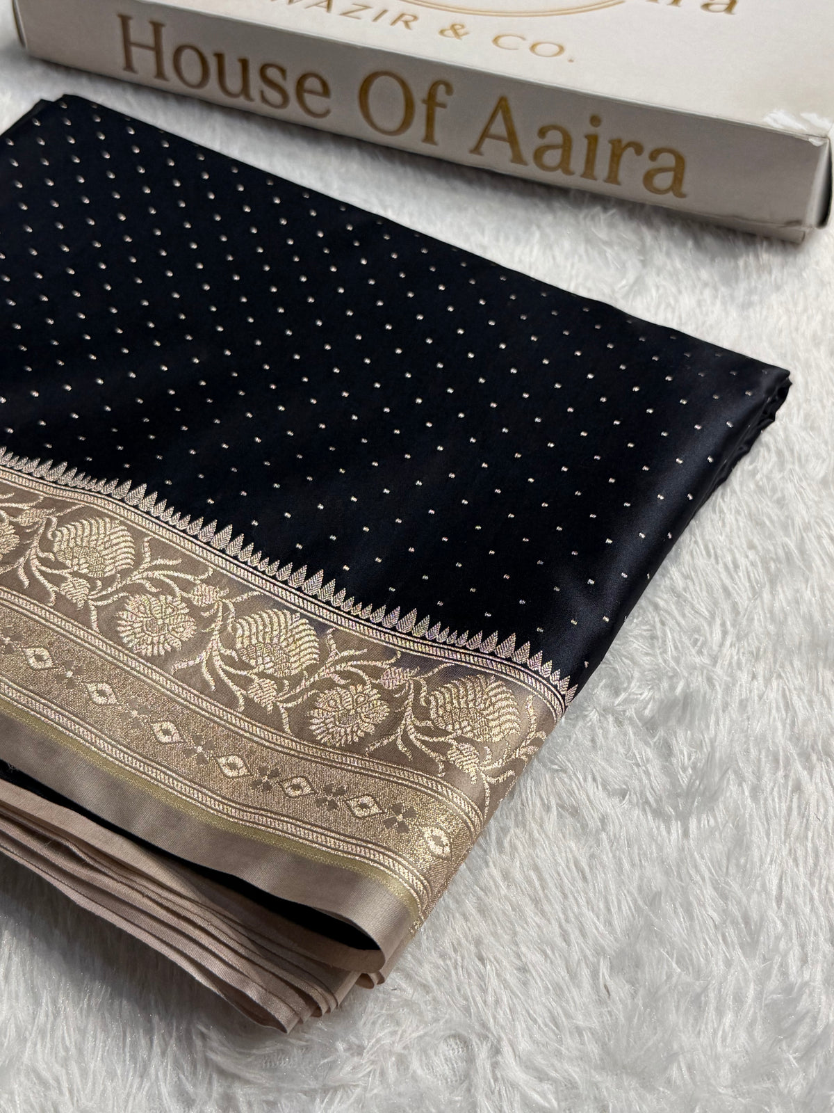 Banarasi Mashru Satin Silk Saree Floral Dot Pattern In Contrast Black with Cream Shades MSC10
