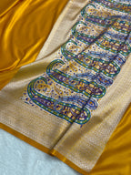 Banarasi Satin Katan Silk Saree Plain body with Minakari Pallu Pattern in Mustard Yellow Shades SK17