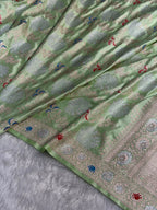 Banarasi Mashru Satin Silk Saree Floral Minakari Jaal Pattern In Pastel Pista Shades MSC11