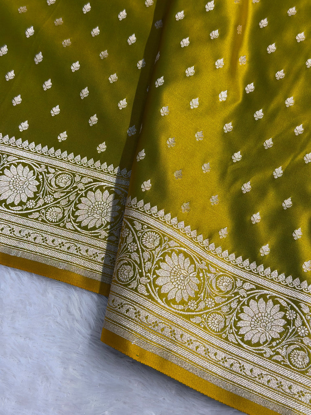 Banarasi Mashru Satin Silk Saree Booti Pattern Mahndi Gold Shades MSK25